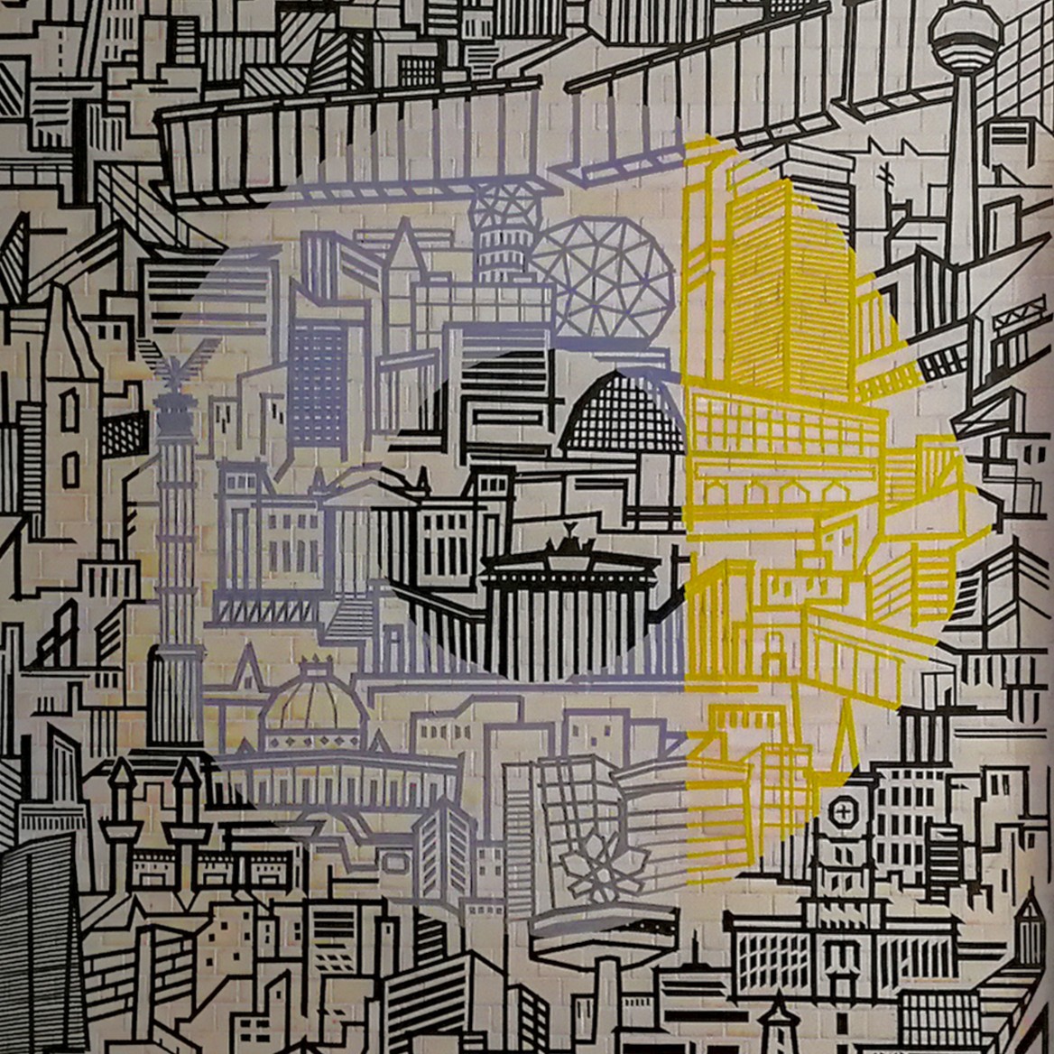 Tape-Art-Skyline mit Smart-Logo für einen Markenraum