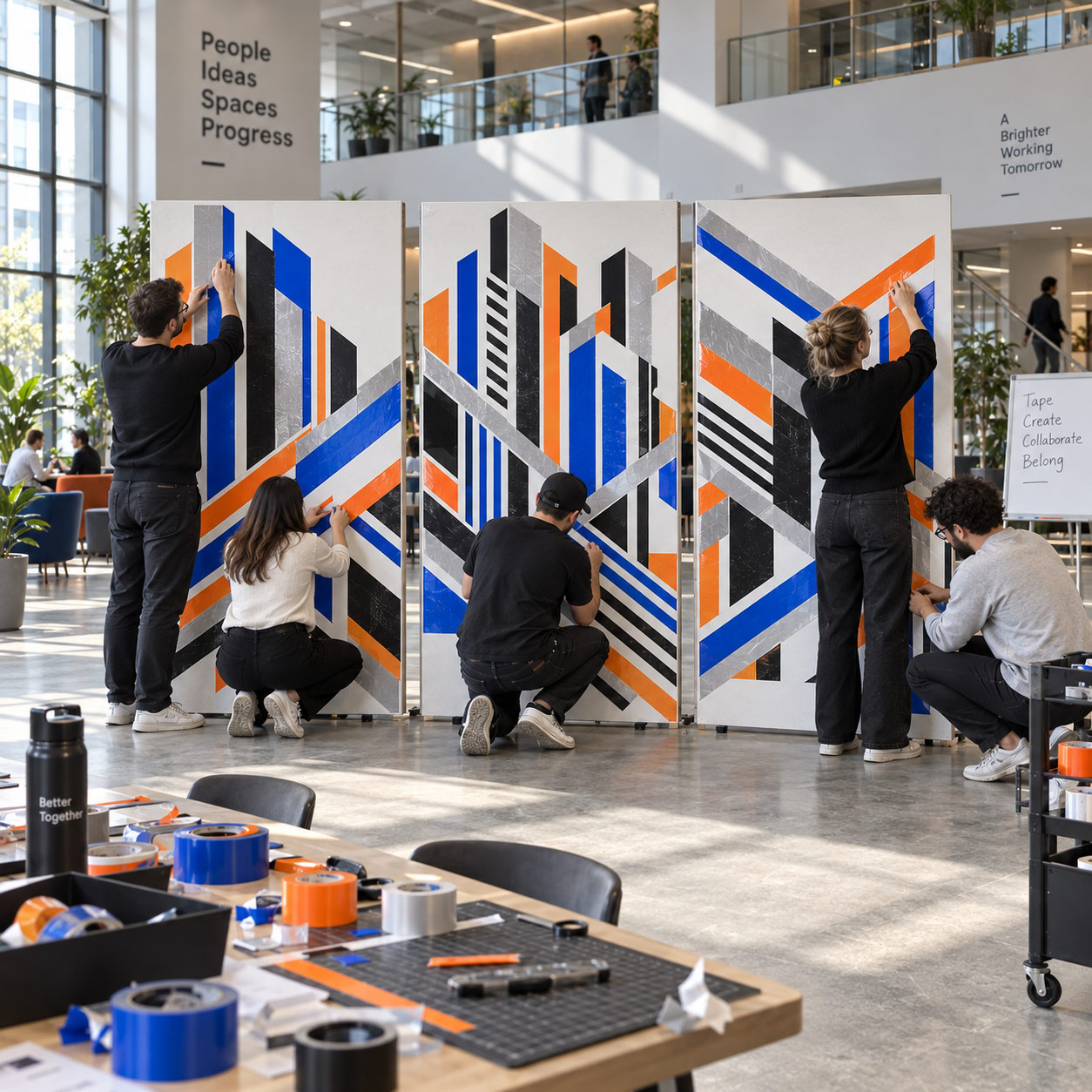Teilnehmende kleben in einem Bürofoyer drei große Tape-Art-Paneele, im Vordergrund ein Tisch mit Klebeband und Material