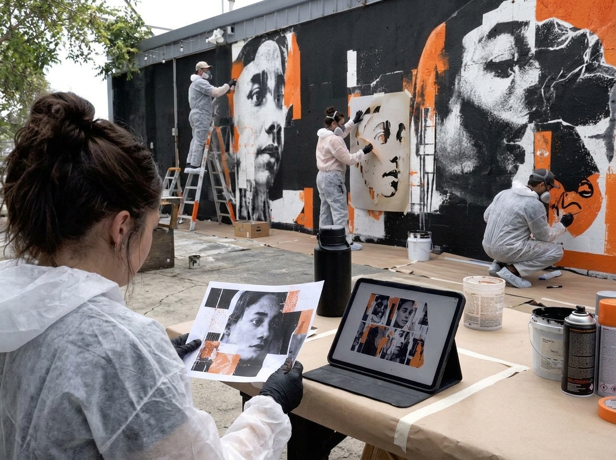 Teilnehmerin vergleicht einen Ausdruck mit den Varianten auf dem Tablet, im Hintergrund entsteht das Motiv schon an der Wand