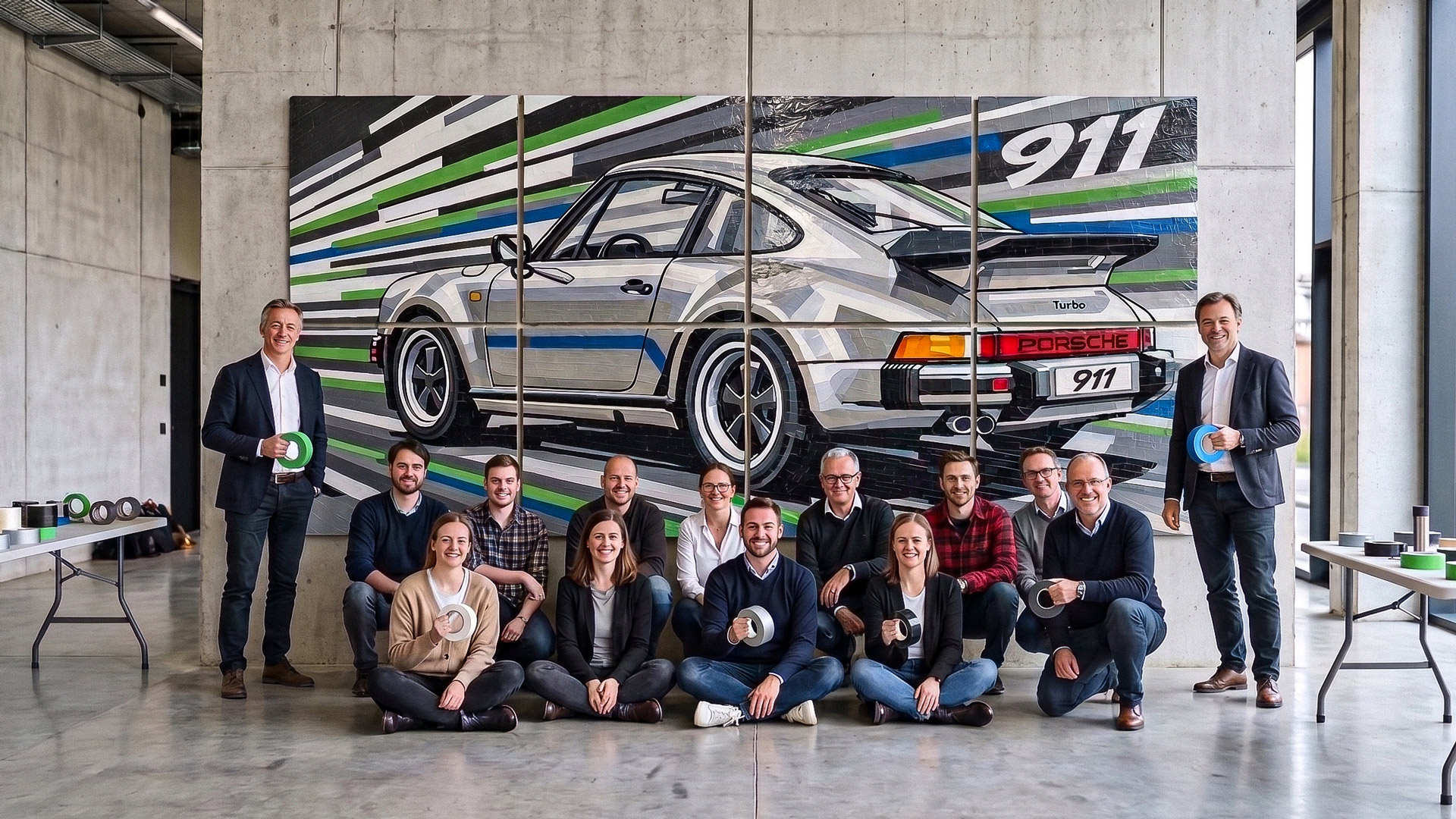 Eine Gruppe steht und sitzt vor einem großen Tape-Art-Wandbild eines silbernen Sportwagens, das aus acht Paneelen zusammengesetzt ist; einige halten Tape-Rollen in den Händen