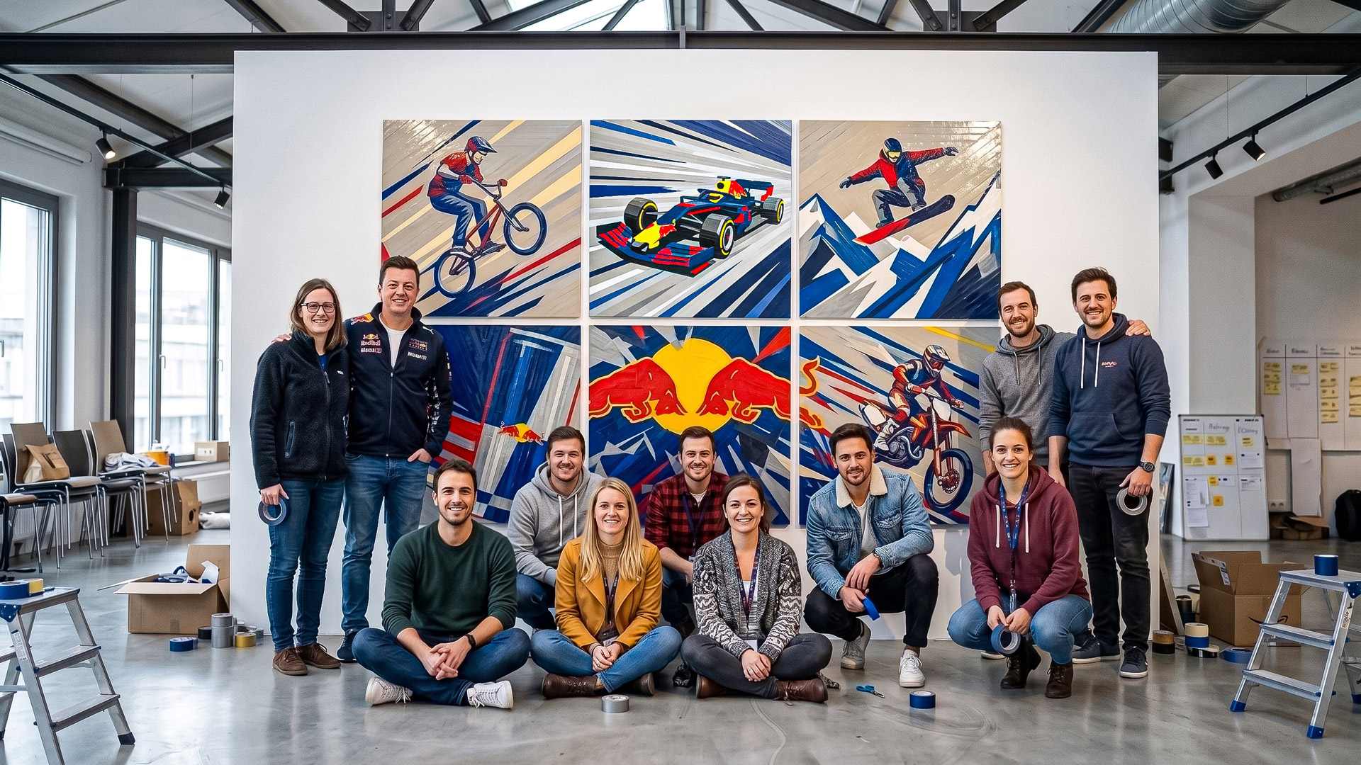 Eine Gruppe steht und sitzt vor sechs einzelnen Tape-Art-Arbeiten mit Sport-Motiven in einer gemeinsamen Farbwelt aus Blau, Rot und Gelb