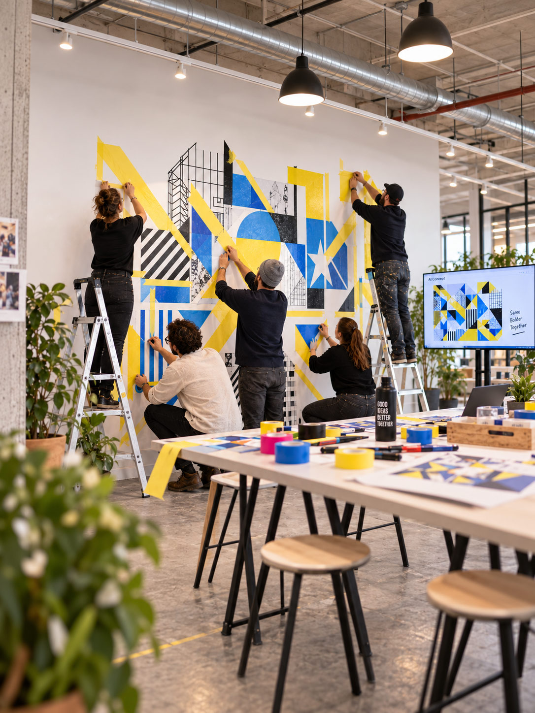 Teilnehmende kleben auf Leitern ein gelb-blaues Tape-Art-Wandbild im Büro, daneben zeigt ein Bildschirm das KI-Konzept