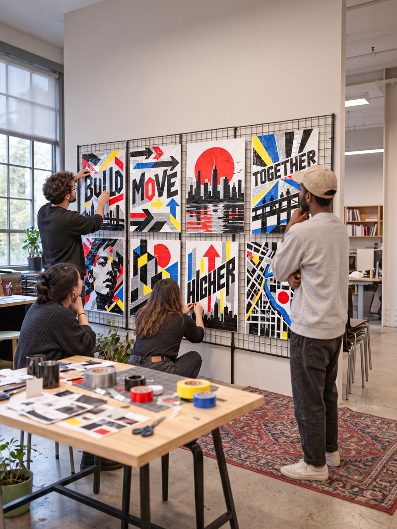 Vier Teilnehmende ordnen und befestigen eine Serie aus acht Tape-Art-Arbeiten mit Motiven und Schriftzügen wie „Build“, „Move“, „Higher“ und „Together“ an einem Gitter in einem Büro; davor ein Tisch mit Tape-Rollen