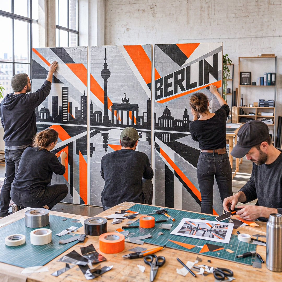 Fünf Teilnehmende kleben und schneiden Tape für drei verbundene Paneele mit Berlin-Skyline, davor ein Werktisch mit Tape-Rollen und Scheren, quadratischer Bildausschnitt