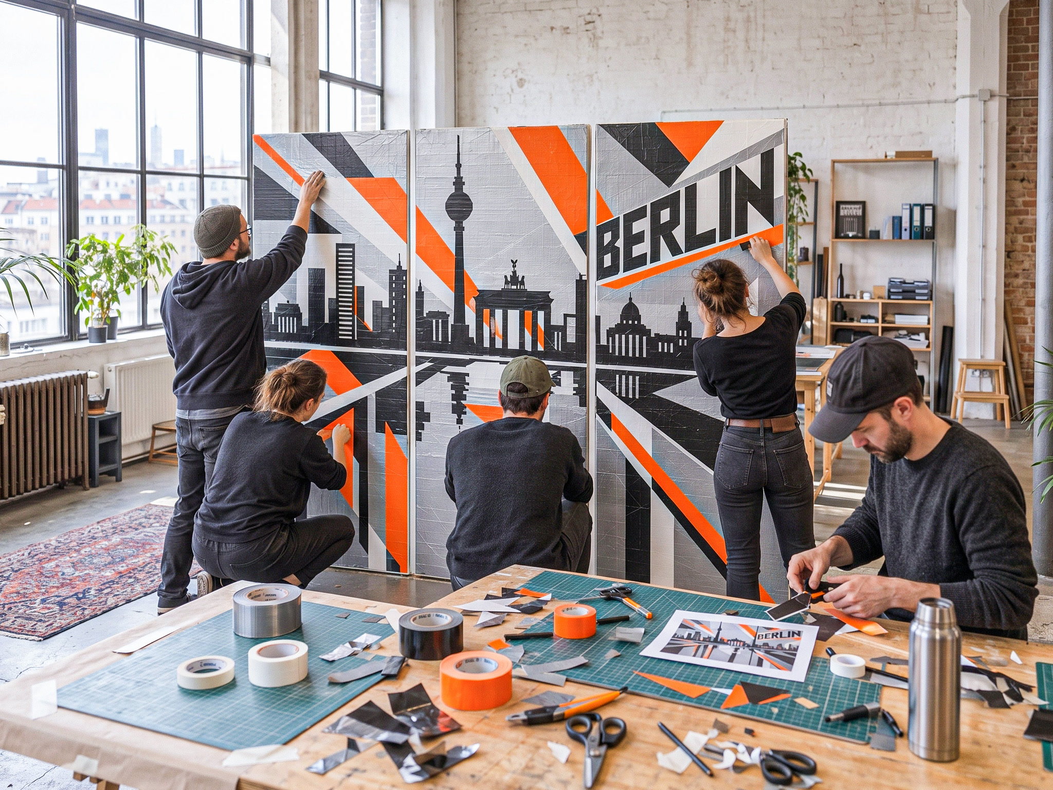 Fünf Teilnehmende arbeiten gemeinsam an drei verbundenen Tape-Art-Paneelen mit Berlin-Skyline und dem Schriftzug BERLIN; im Vordergrund liegen Tape-Rollen, Cutter und Scheren auf dem Werktisch