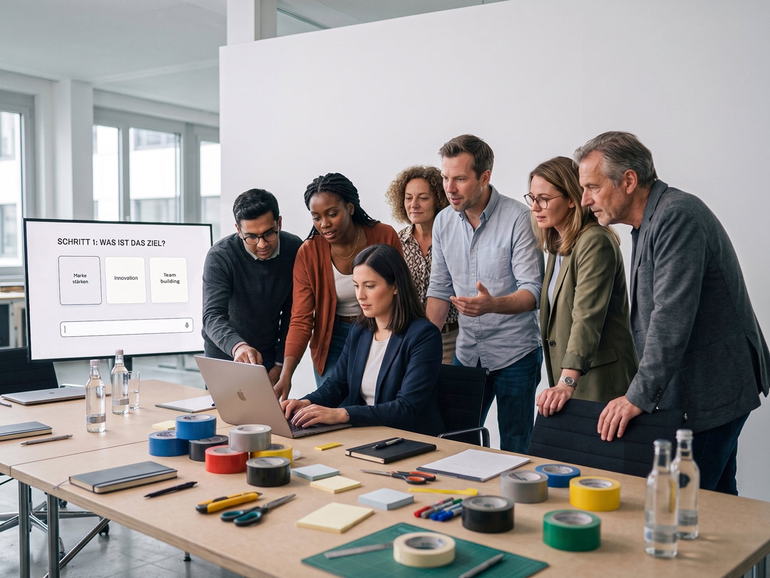 Sechs Teilnehmende stehen und sitzen um einen Konferenztisch mit Laptop, Klebeband und Notizen; auf dem Bildschirm steht „Schritt 1: Was ist das Ziel?“ mit drei Auswahlfeldern