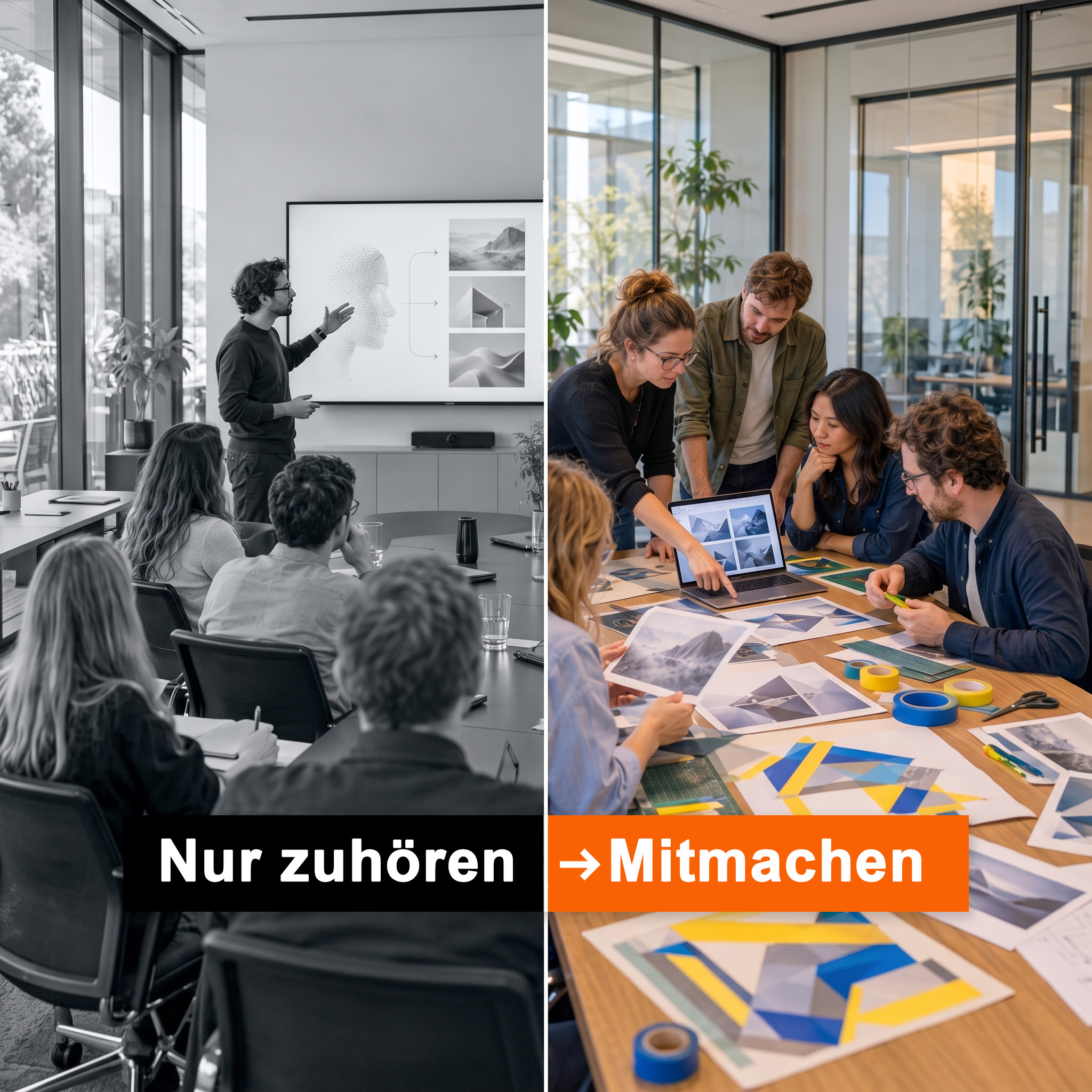 Zwei Szenen nebeneinander: Links hört ein Team in Schwarz-Weiß einer KI-Präsentation zu („Nur zuhören“), rechts arbeitet ein Team in Farbe am Tisch mit Laptop, ausgedruckten KI-Bildern und Tape-Art-Entwürfen („Mitmachen“)