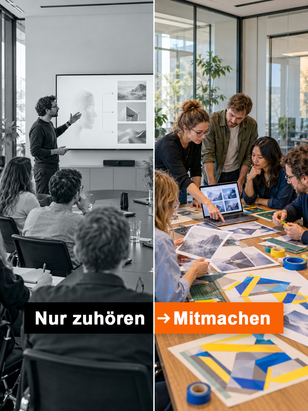 Zwei Szenen nebeneinander: Links hört ein Team in Schwarz-Weiß einer KI-Präsentation zu („Nur zuhören“), rechts arbeitet ein Team in Farbe am Tisch mit Laptop, ausgedruckten KI-Bildern und Tape-Art-Entwürfen („Mitmachen“)
